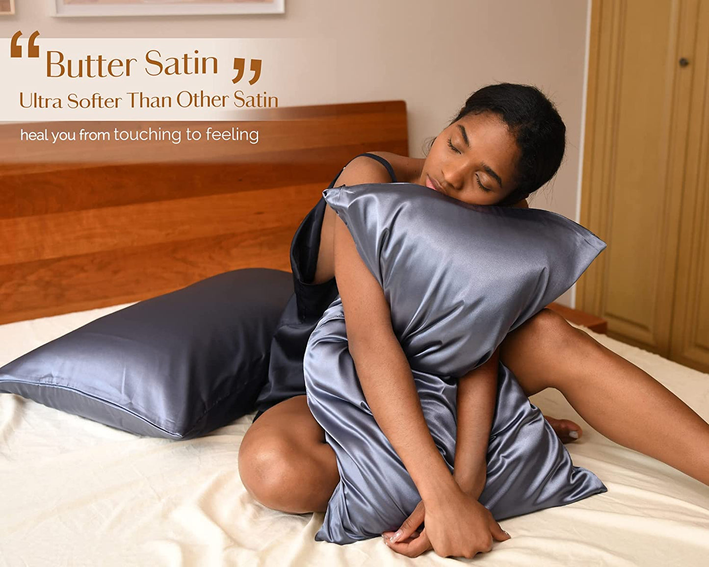 Premium Satin Pillowcases Set of 2 - Luxurious Silk Pillow Covers with Zipper for Hair & Skin, Queen Size 